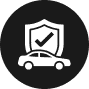 Icon of a car in front of a shield with a checkmark, symbolizing vehicle protection or insurance, set against a black circular background, reminiscent of the robust coverage offered by Broward County insurance.