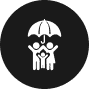 Icon of a family with two adults and one child standing under an umbrella, symbolizing affordable home insurance protection, on a black circular background.