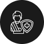 An icon of a person with an arm in a sling and a shield featuring a medical cross, set against a dark circular background, symbolizes protection akin to Broward County insurance.