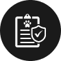 A white icon on a black background shows a clipboard with a paw print at the top and a document below. Next to it is a shield with a check mark, symbolizing pet insurance or veterinary approval—just as crucial as affordable home insurance for Florida's homeowners.