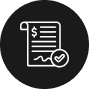 A black circular icon showcases a white line drawing of a contract or document, complete with a dollar sign and signature line. A checkmark in the bottom right symbolizes the assurance of affordable home insurance.