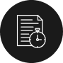 Icon of a document with lines of text next to a stopwatch, all in white on a black circular background, symbolizing the urgency and precision required when reviewing affordable home insurance options.