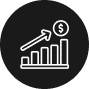 Icon of a bar graph with an upward arrow pointing to a dollar sign, symbolizing financial growth, on a black circular background. Perfect for an insurance company highlighting services like auto insurance and demonstrating economic progress and security.