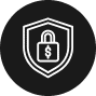 A black circular icon with a white outline of a shield features a padlock with a dollar sign at the center, symbolizing secure auto insurance.